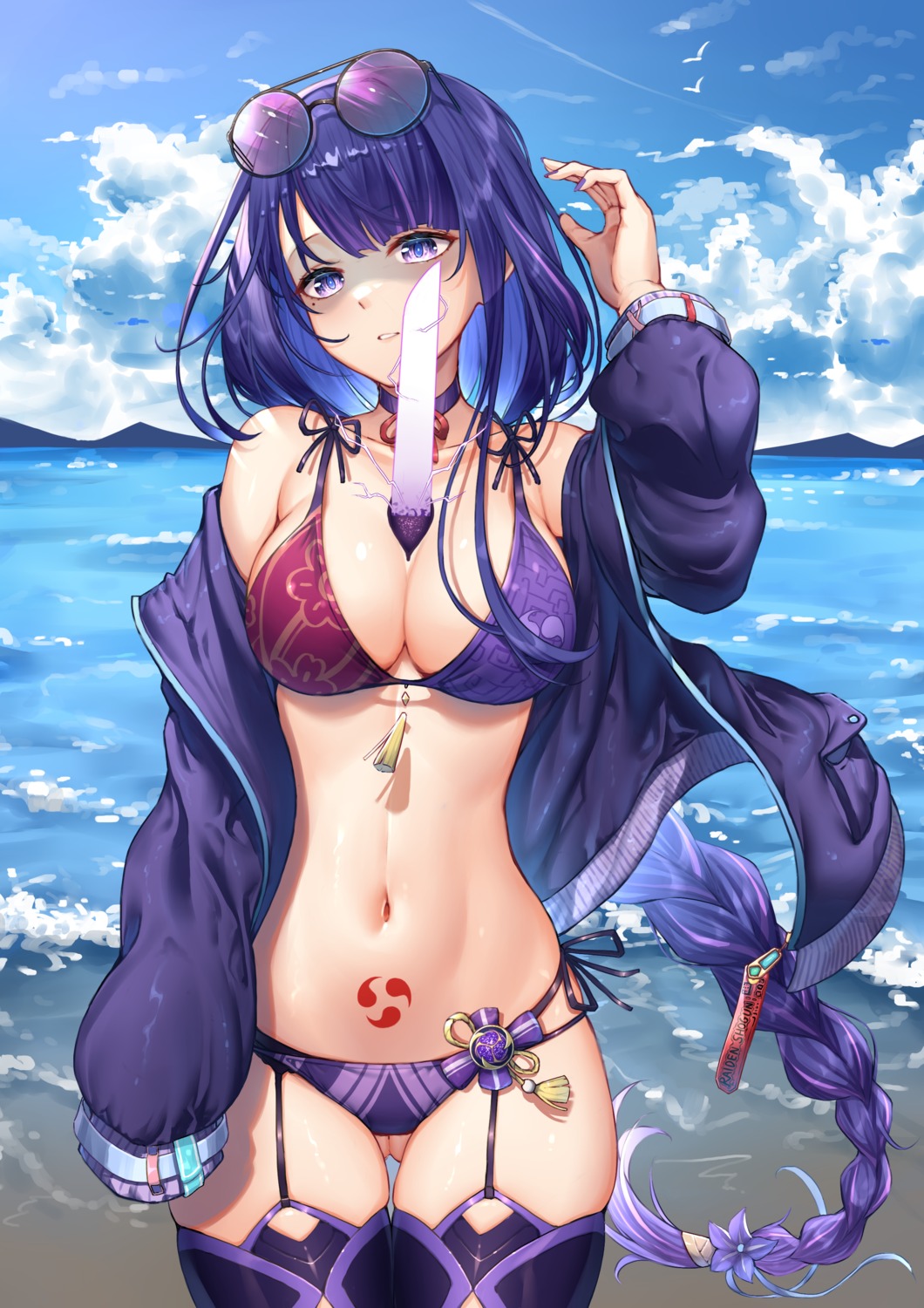 bikini genshin_impact kishita_yuu megane open_shirt raiden_shogun stockings swimsuits sword tattoo thighhighs