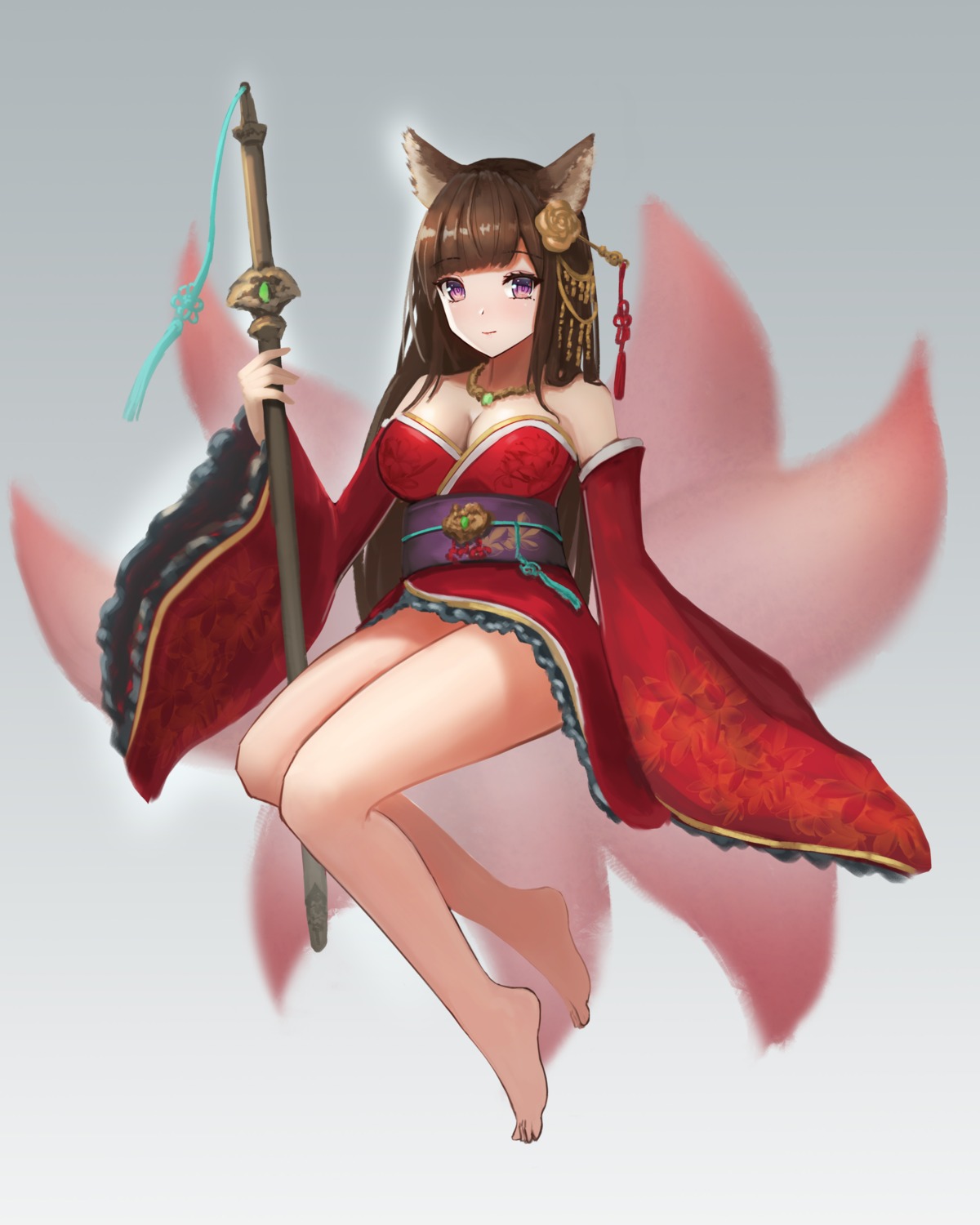 abeen_jhong animal_ears cleavage japanese_clothes kitsune no_bra sword tail