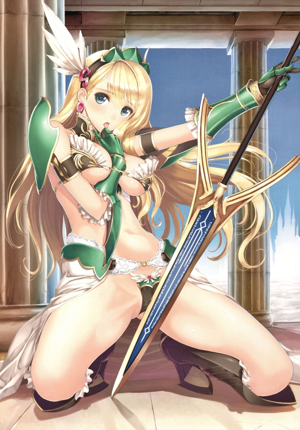 armor bikini_armor bikini_warriors cameltoe cleavage heels masturbation tony_taka underboob valkyrie_(bikini_warriors) weapon