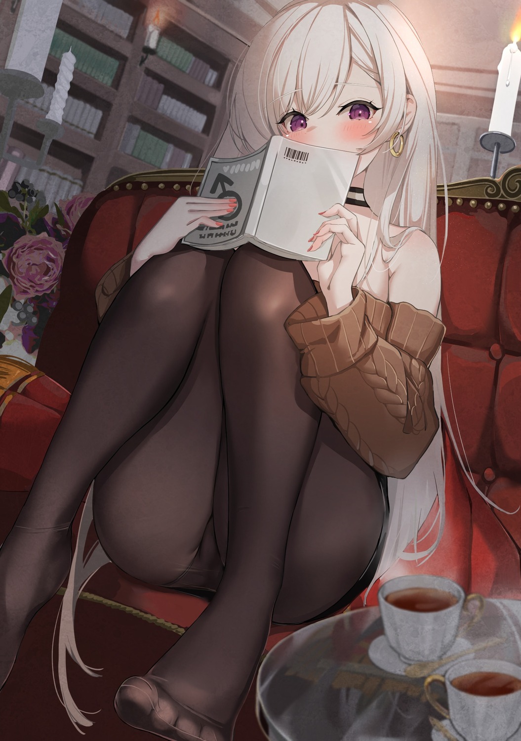 azur_lane belfast_(azur_lane) feet marumai no_bra pantsu pantyhose sweater