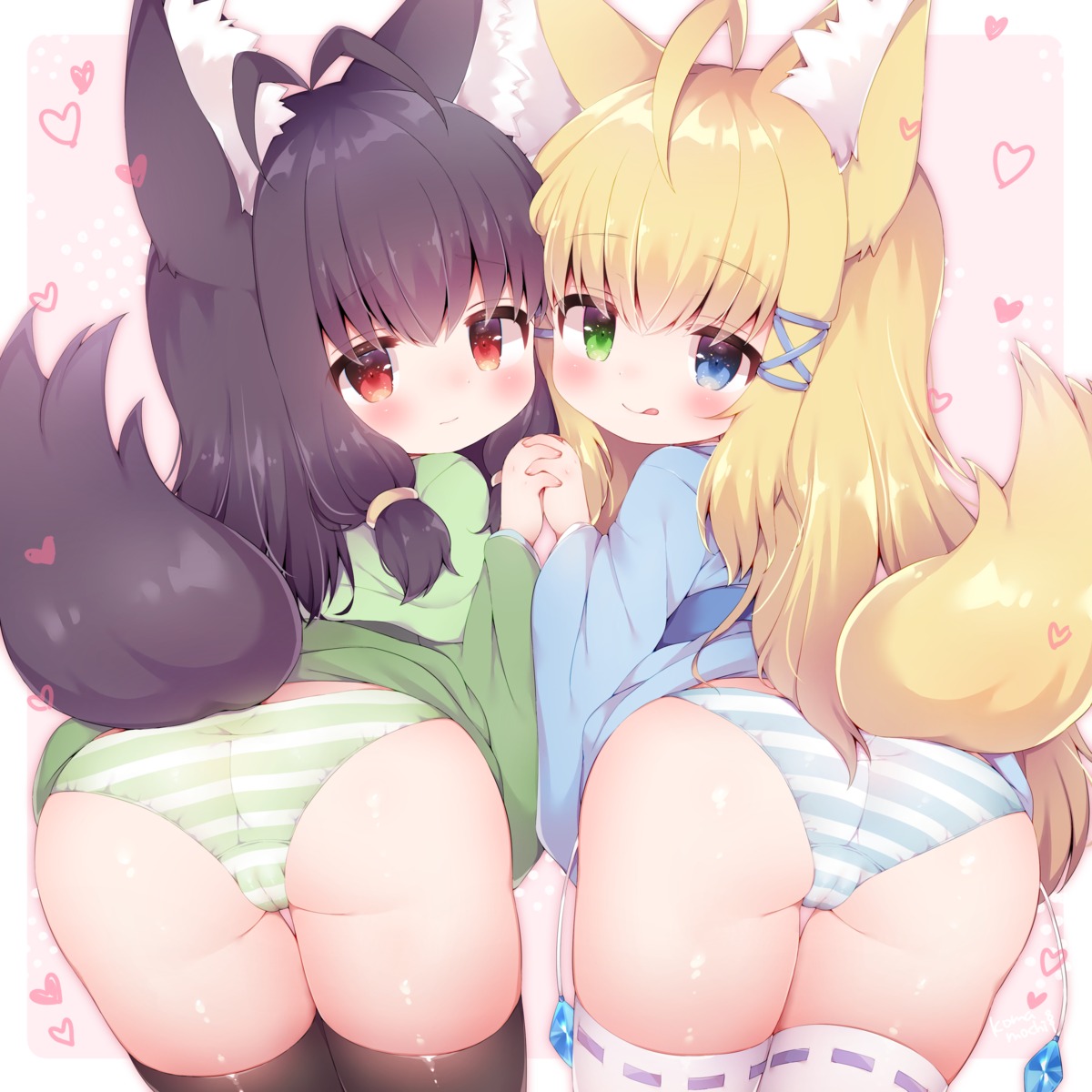 animal_ears ass cameltoe heterochromia kitsune loli momozu_komamochi pantsu tail thighhighs yukata