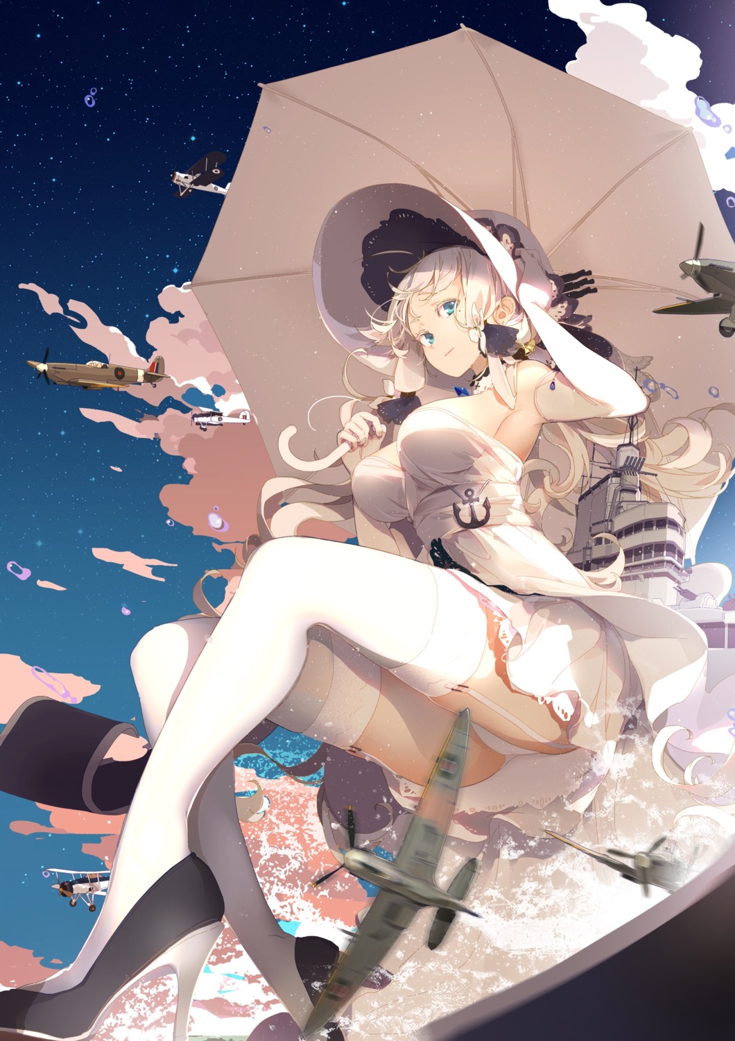 azur_lane dress heels illustrious_(azur_lane) pantsu sakura_sora thighhighs umbrella