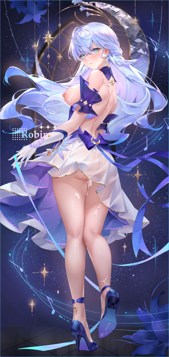 breasts cum halo heels honkai:_star_rail lactation melailai nipples no_bra nopan robin see_through skirt_lift