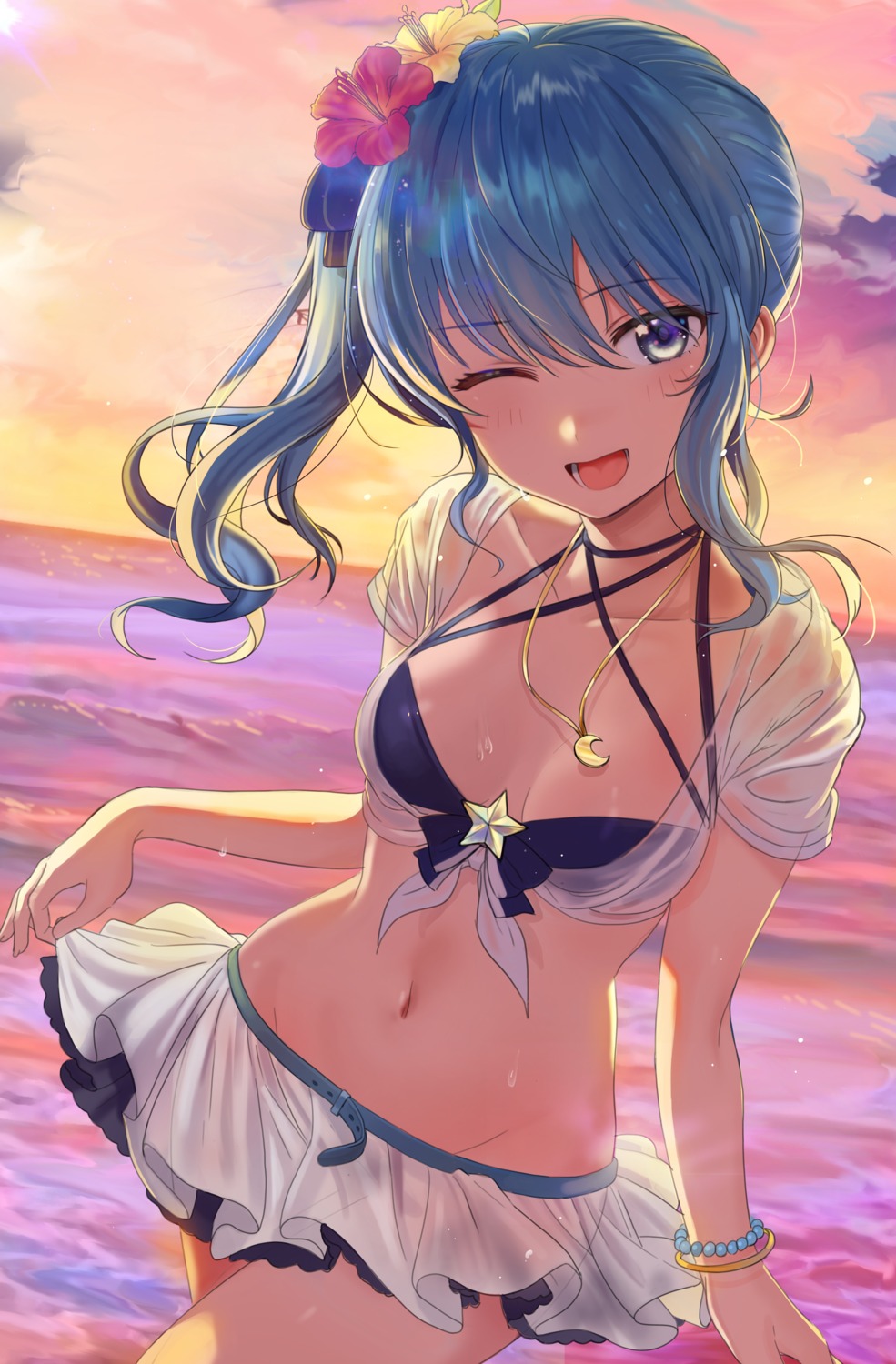 bikini hololive hoshimachi_suisei open_shirt see_through seicoh swimsuits wet_clothes