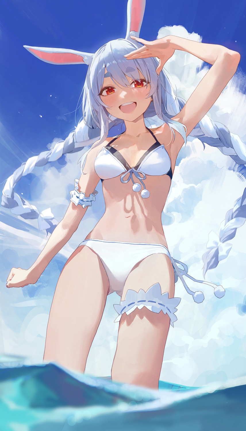 animal_ears bikini bunny_ears garter hololive modare swimsuits usada_pekora wet wet_clothes