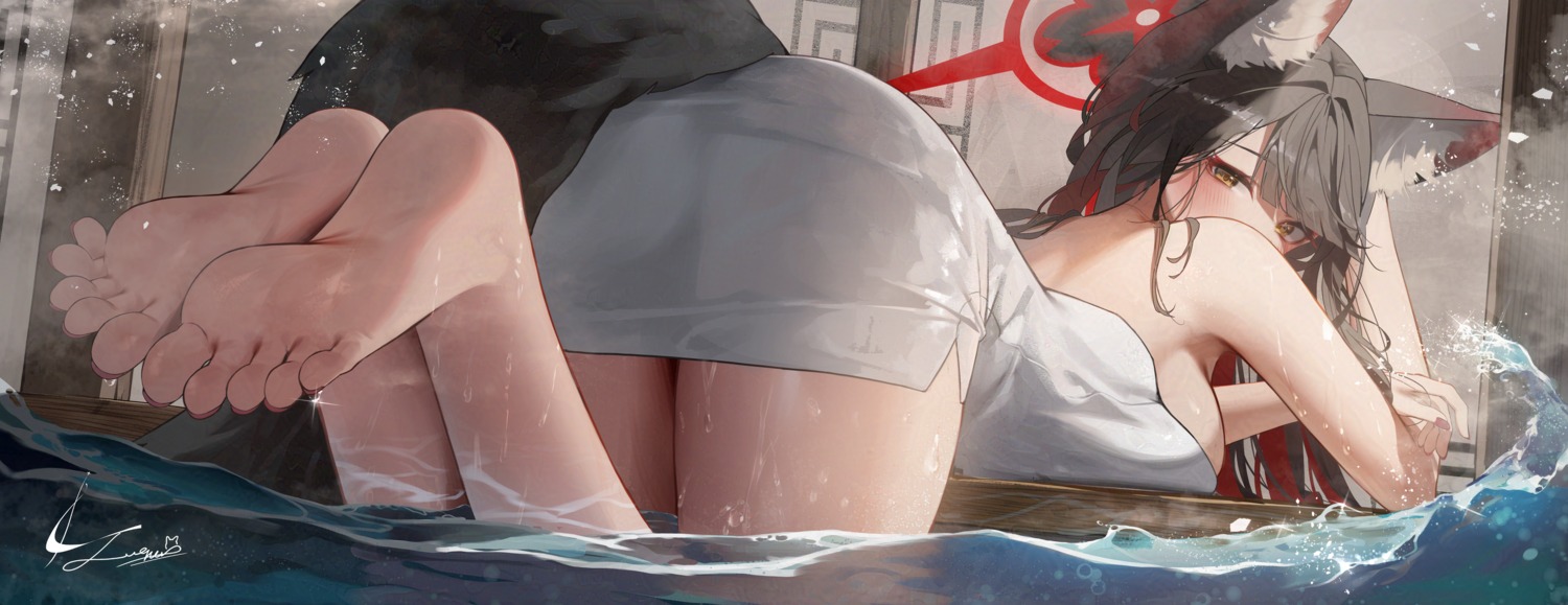 animal_ears ass blue_archive feet halo kitsune kosaka_wakamo luenar tail towel wet