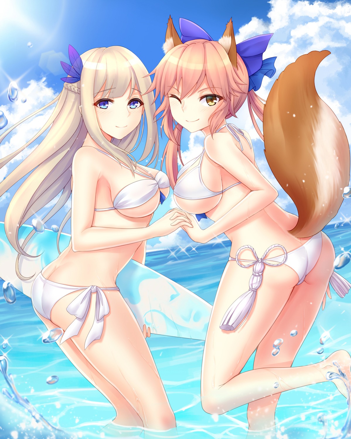 animal_ears ass bikini cleavage fate/extra fate/stay_night lexington_(zhanjianshaonv) swimsuits tail tamamo_no_mae underboob wet yuemanhuaikong zhanjianshaonv