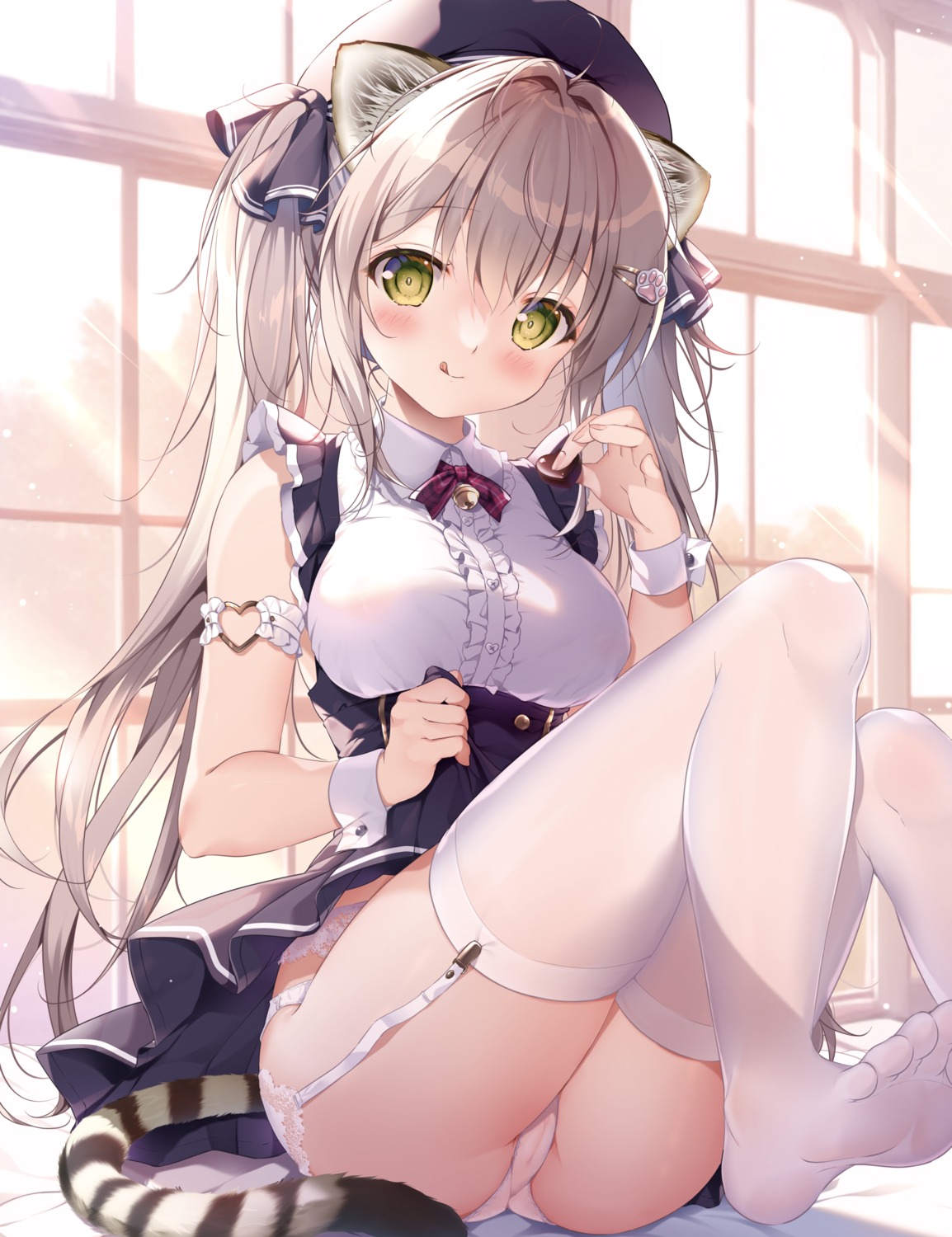 animal_ears cameltoe detexted feet garter_belt mikeou nekomimi pantsu skirt_lift stockings tail thighhighs thong