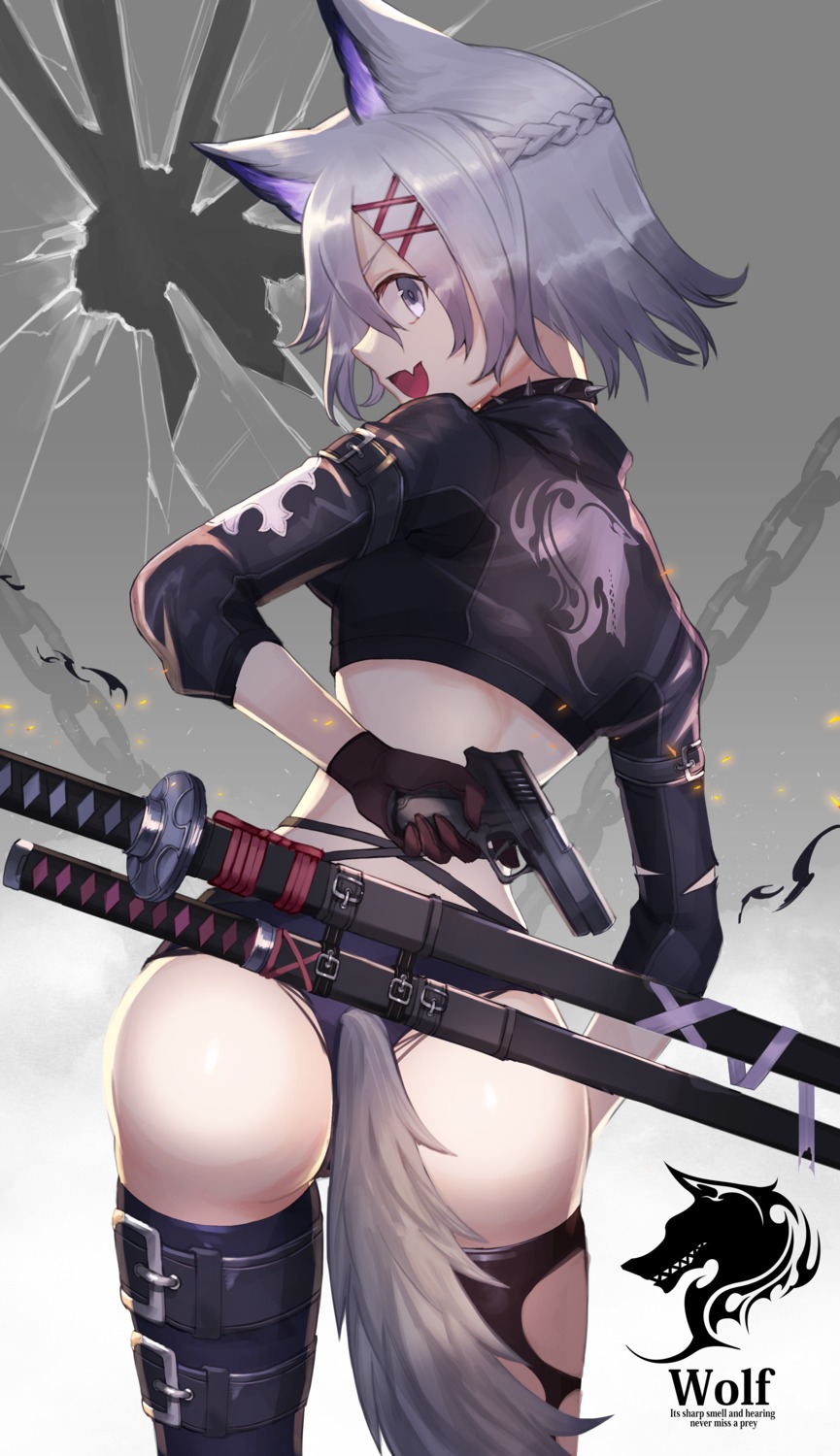 amahara_subaru animal_ears ass garter gun sword tail thighhighs torn_clothes