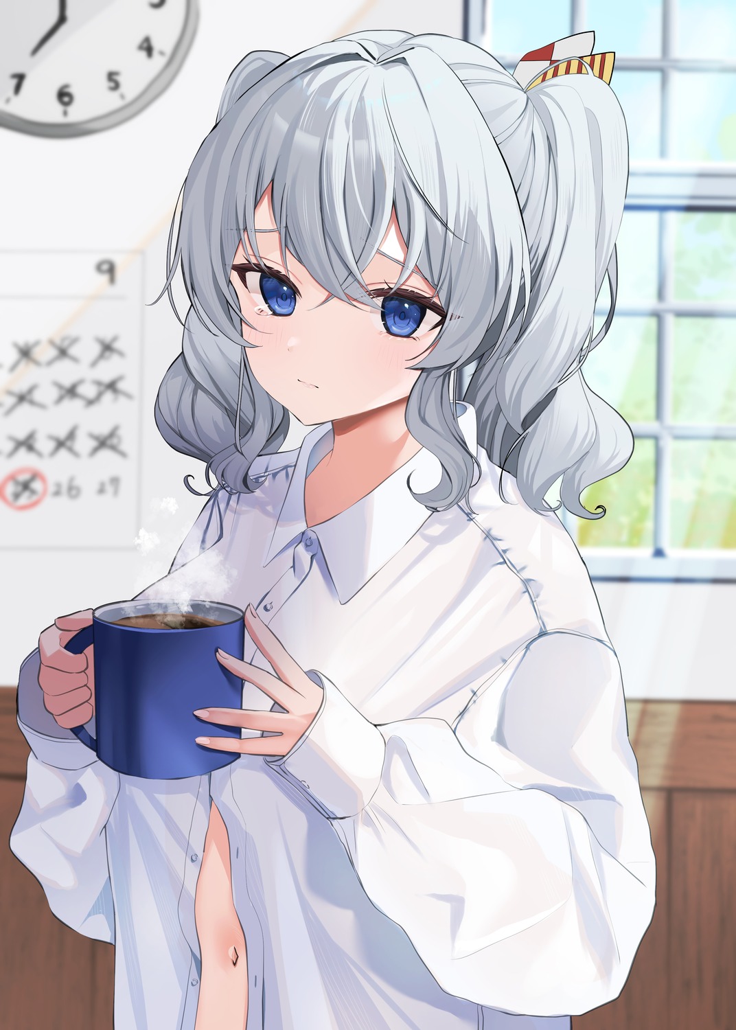 dress_shirt kantai_collection kashima_(kancolle) open_shirt see_through yoshino_(mfmfpng)