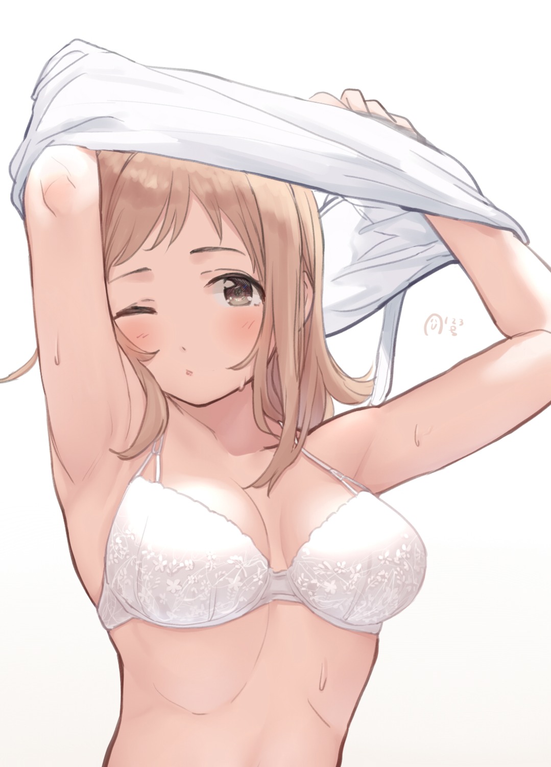 bra cleavage kijibato_123-gou sakuragi_mano shirt_lift the_idolm@ster the_idolm@ster_shiny_colors undressing wet