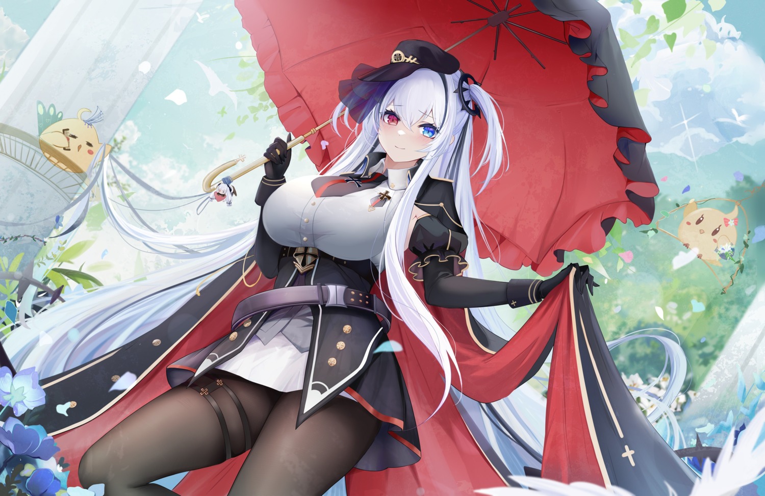 azur_lane banchiyuebai elbing_(azur_lane) garter heterochromia manjuu_(azur_lane) pantyhose umbrella uniform