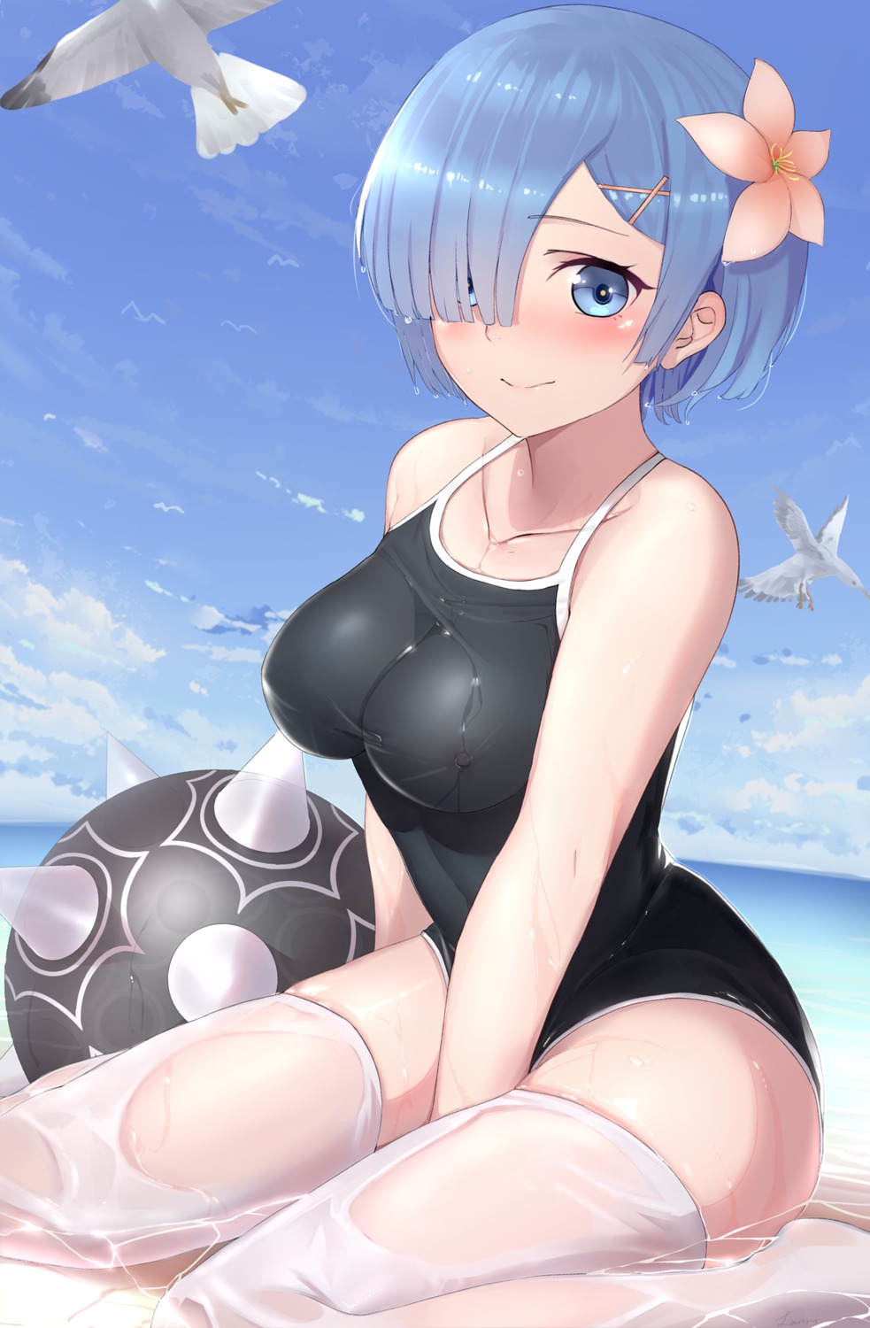 cleavage erect_nipples lanzi_(415460661) re_zero_kara_hajimeru_isekai_seikatsu rem_(re_zero) school_swimsuit see_through swimsuits thighhighs weapon wet wet_clothes