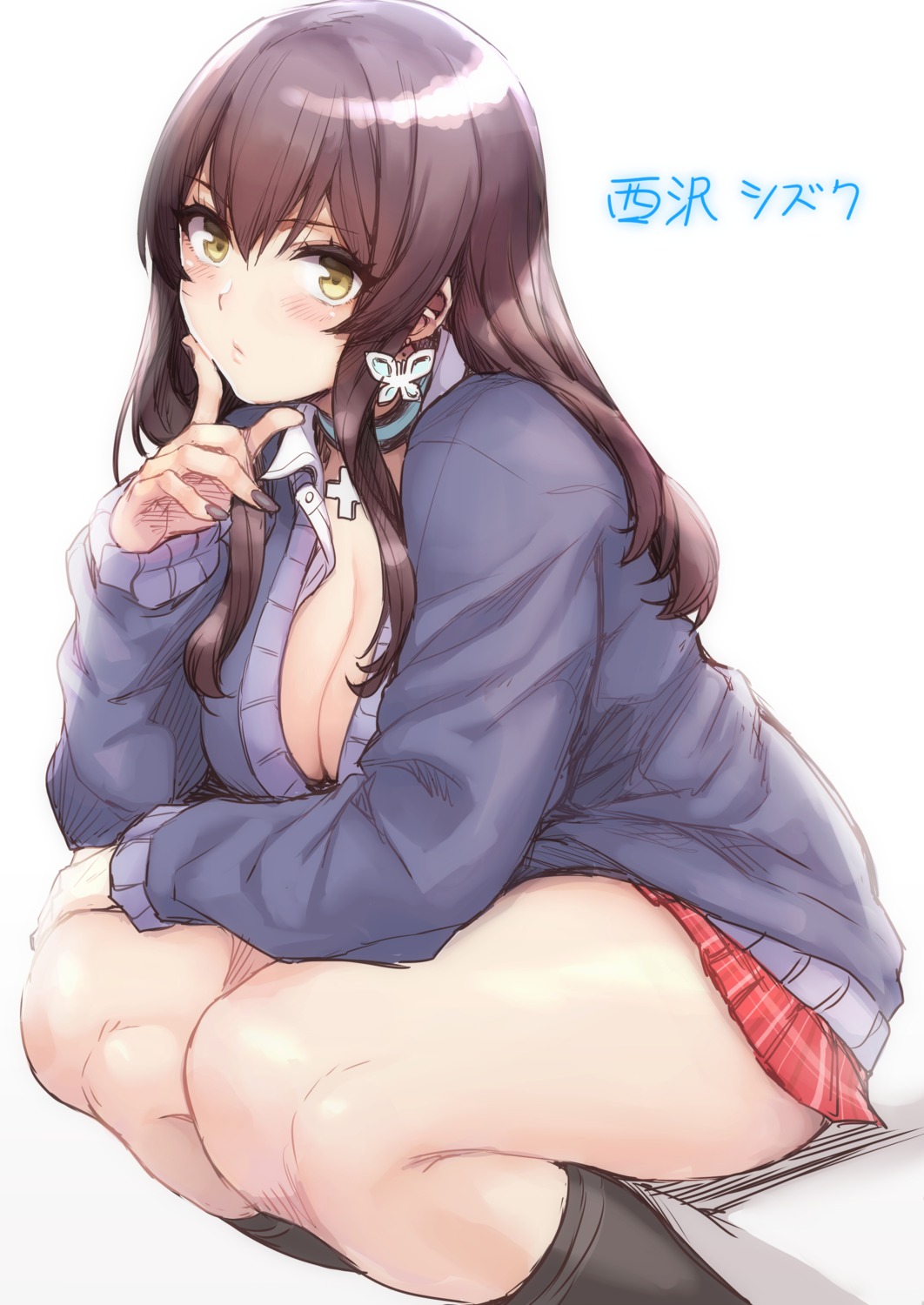 cleavage headphones hoosaku nishizawa_shizuku no_bra open_shirt seifuku skirt_lift sweater