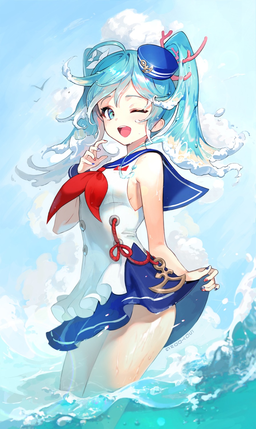 hatsune_miku seifuku skirt_lift soyoong_jun vocaloid wet