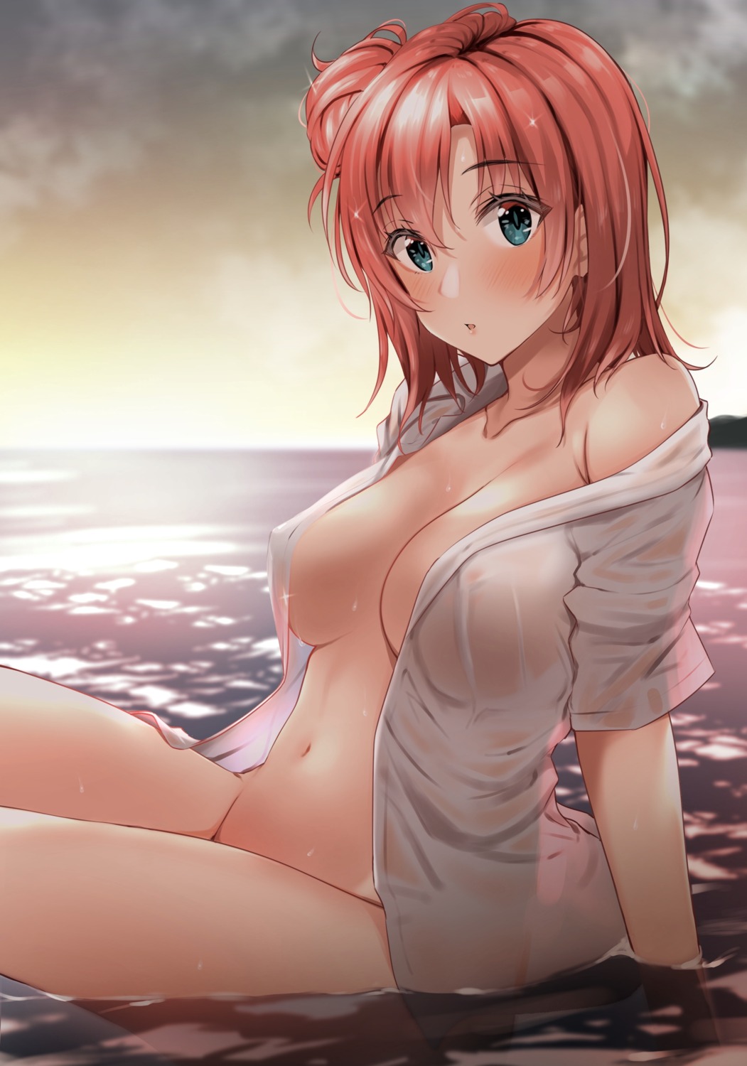 areola bottomless dress_shirt nakamachi_machi no_bra open_shirt see_through wet wet_clothes yahari_ore_no_seishun_lovecome_wa_machigatteiru. yuigahama_yui