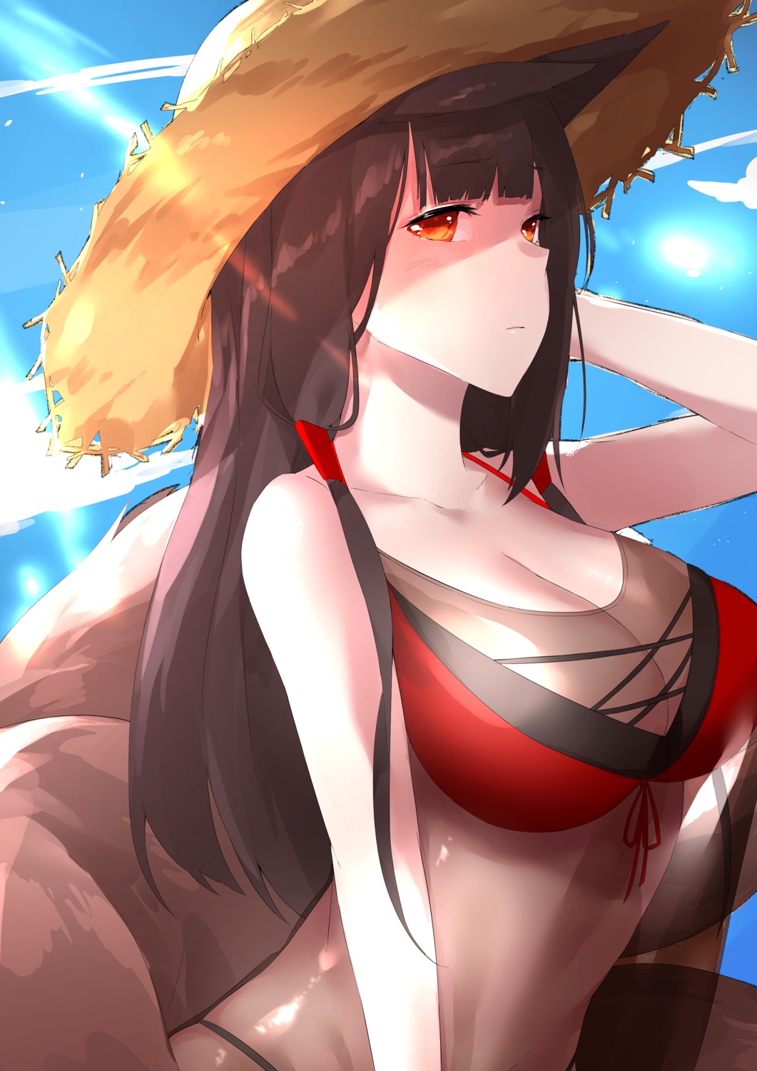 akagi_(azur_lane) animal_ears azur_lane bikini cleavage cotton_kanzaki kitsune see_through swimsuits tail