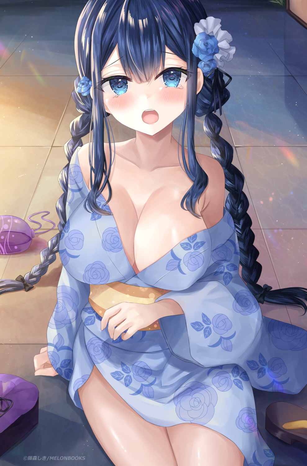 fujimori_shiki melonbooks no_bra open_shirt wardrobe_malfunction yukata