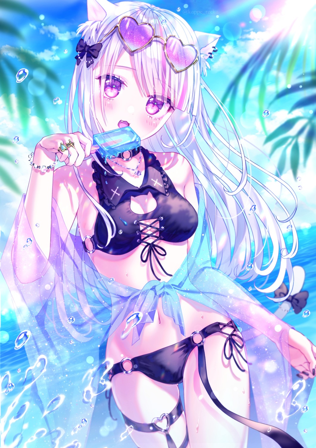 animal_ears bikini cleavage garter nekomimi open_shirt reekaruru see_through swimsuits tail wet