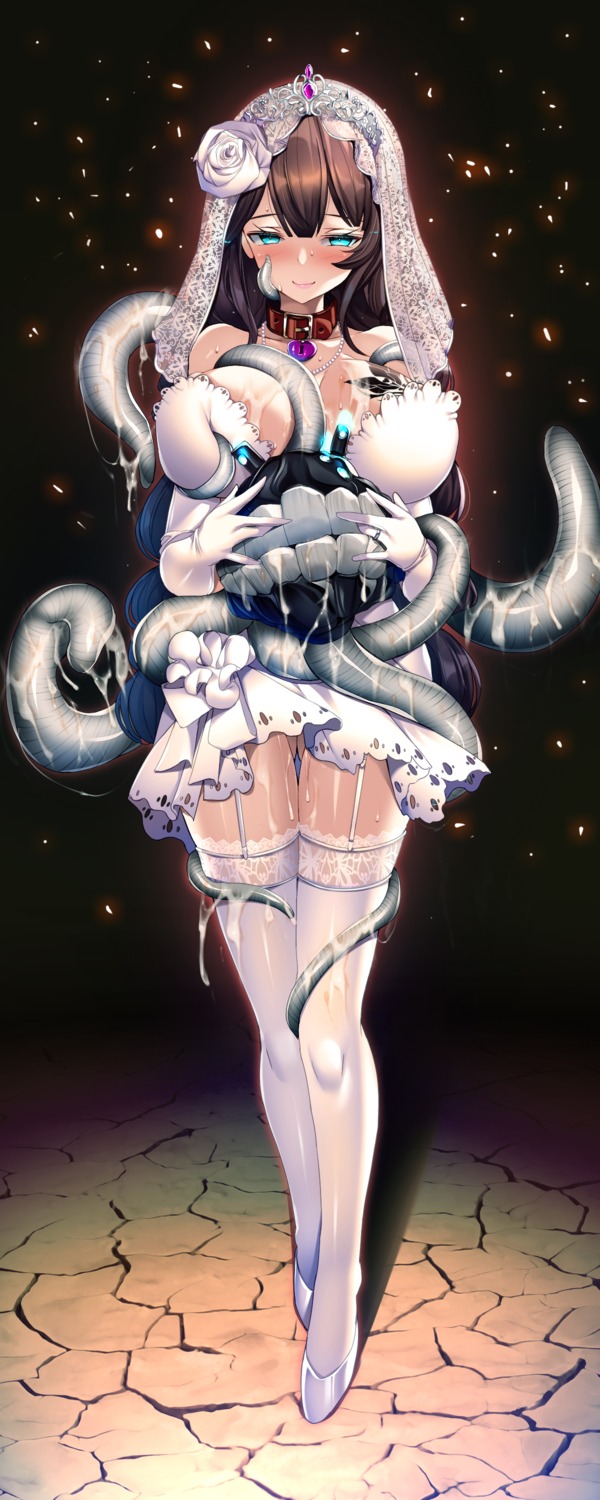 breast_grab cum dress kantai_collection no_bra noshiro_(kancolle) skirt_lift stockings tattoo tentacles thighhighs torisan wedding_dress