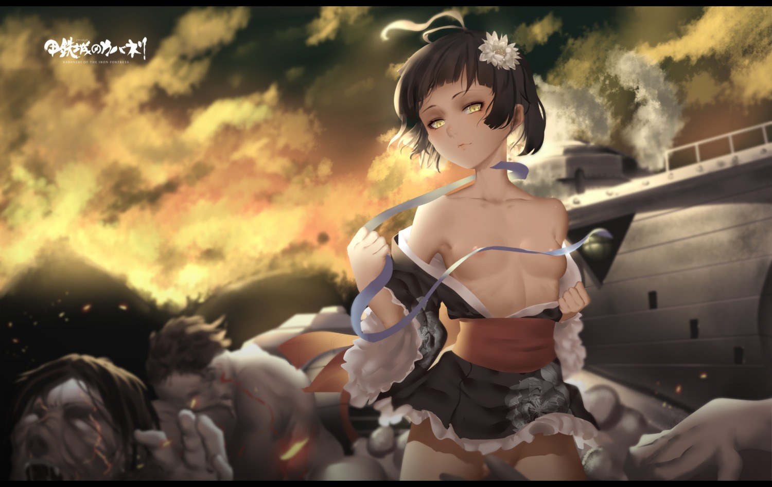 areola breasts hk_(hk) kimono koutetsujou_no_kabaneri monster mumei no_bra nopan open_shirt undressing