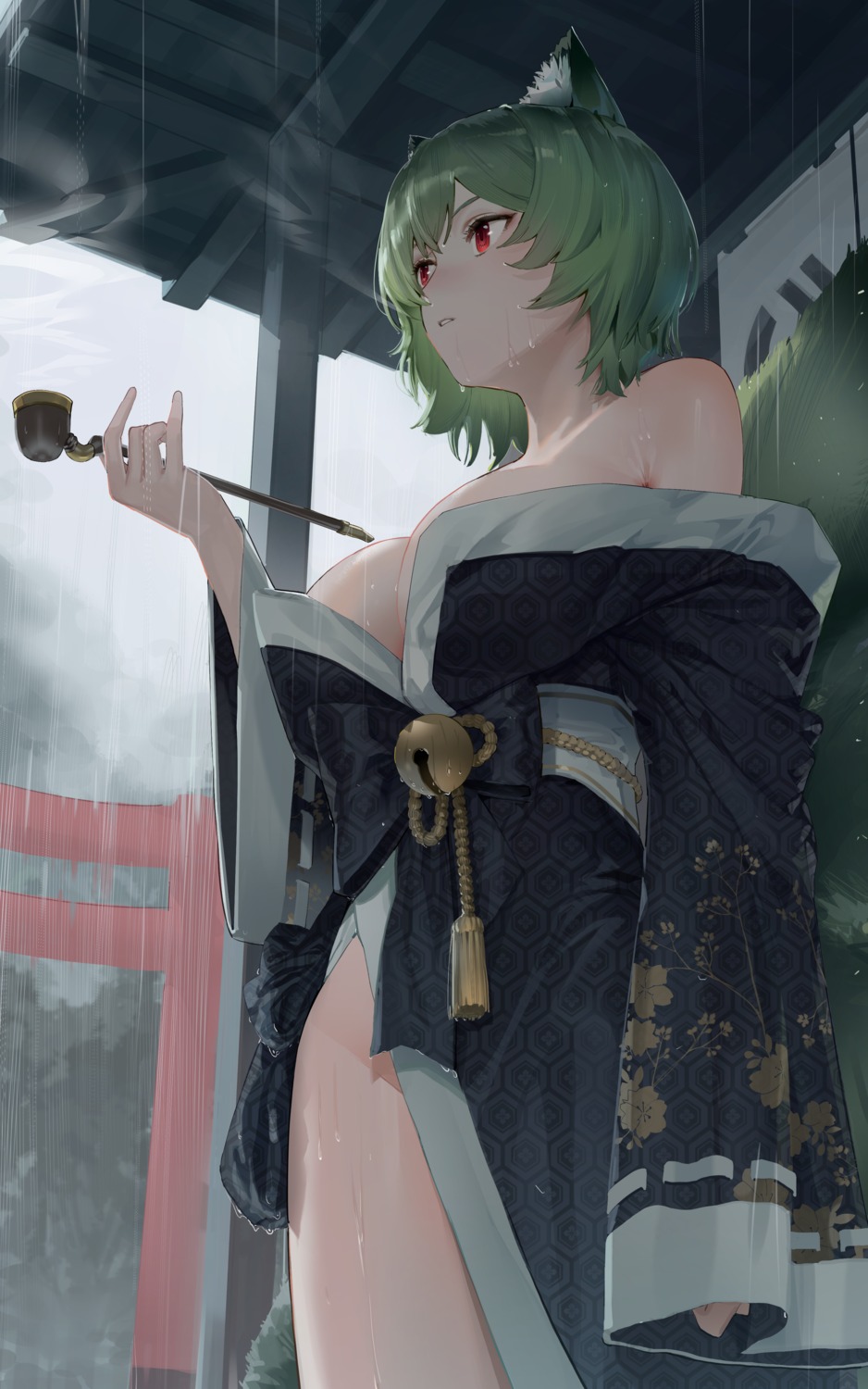 animal_ears goback japanese_clothes no_bra open_shirt smoking tail wet