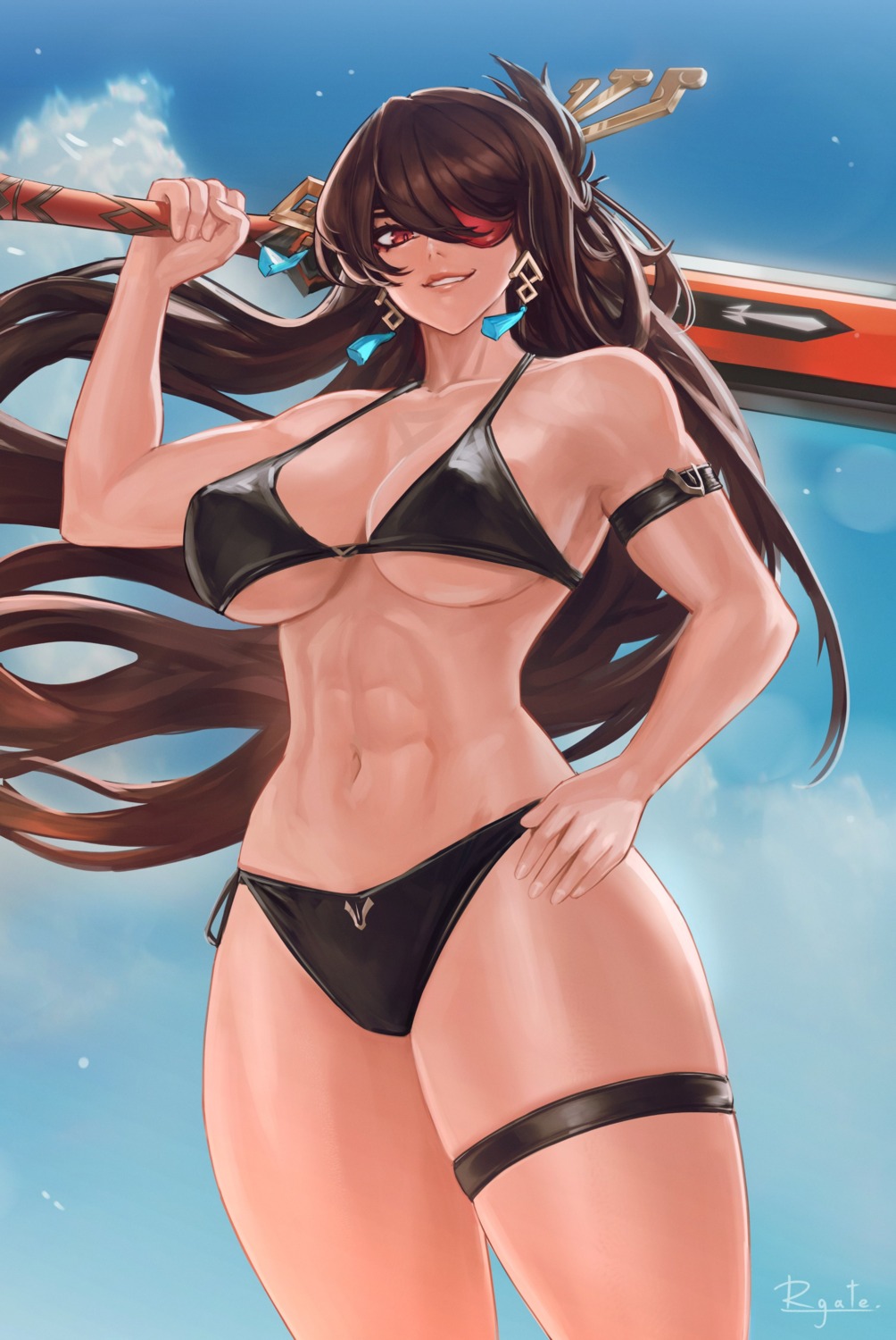 beidou bikini eyepatch garter gatery genshin_impact swimsuits sword