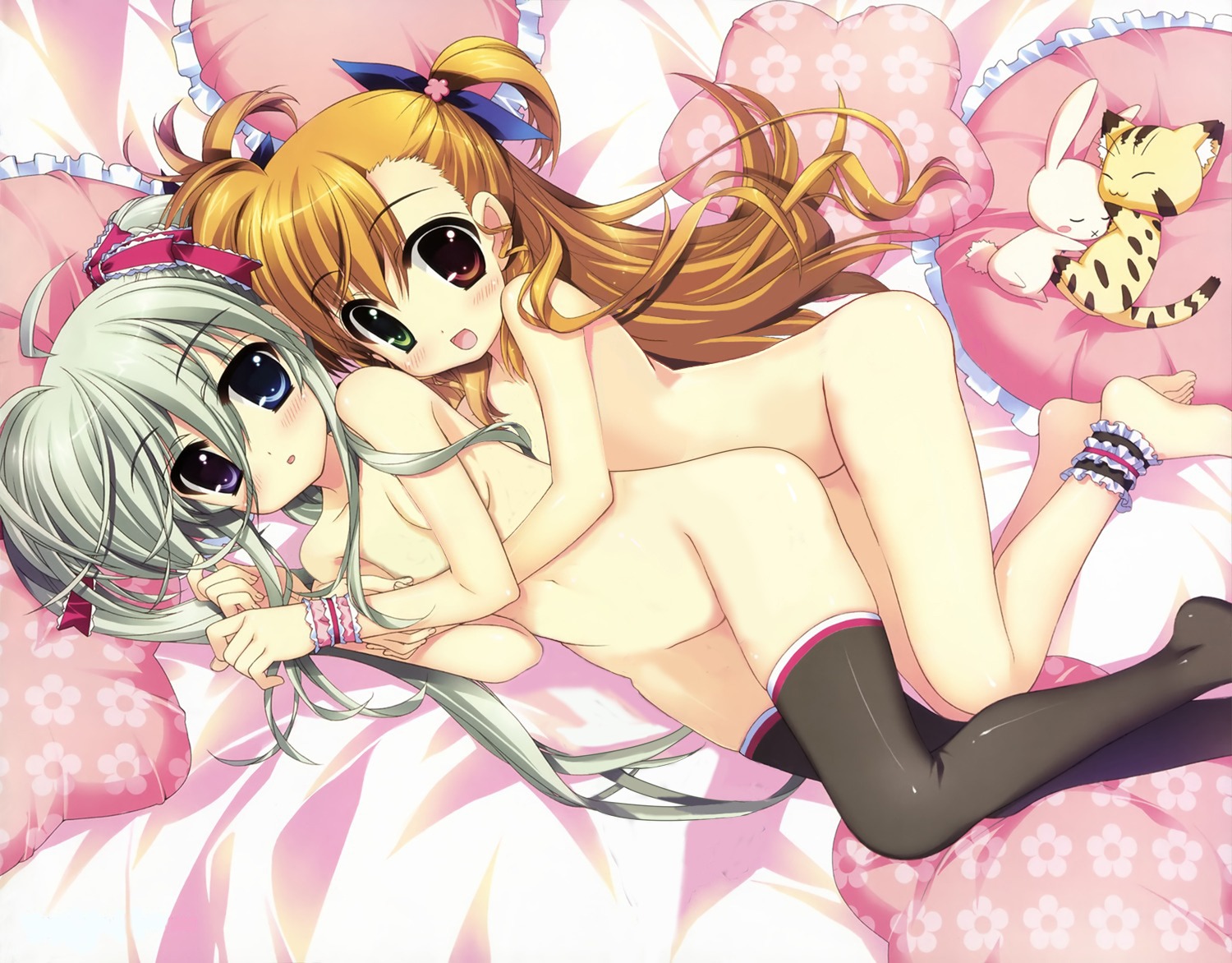 cleavage einhart_stratos fujima_takuya garter heterochromia loli mahou_shoujo_lyrical_nanoha mahou_shoujo_lyrical_nanoha_vivid naked photoshop sheets thighhighs vivio yuri