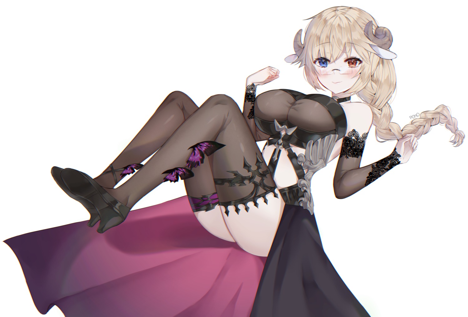 animal_ears arpiel cleavage heels heterochromia horns megane poho see_through thighhighs