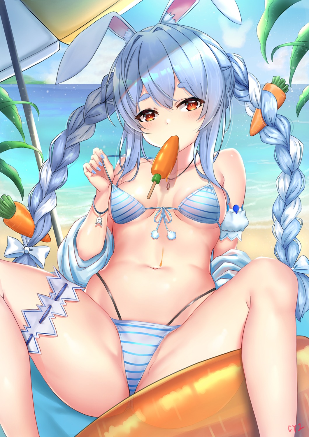 animal_ears bikini bunny_ears cyicheng garter hololive open_shirt swimsuits thong undressing usada_pekora