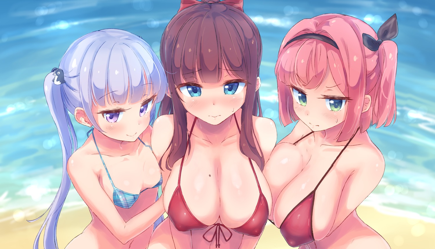 bikini_top cleavage erect_nipples mochizuki_momiji new_game! nitro_(mugityaoisii) suzukaze_aoba swimsuits takimoto_hifumi