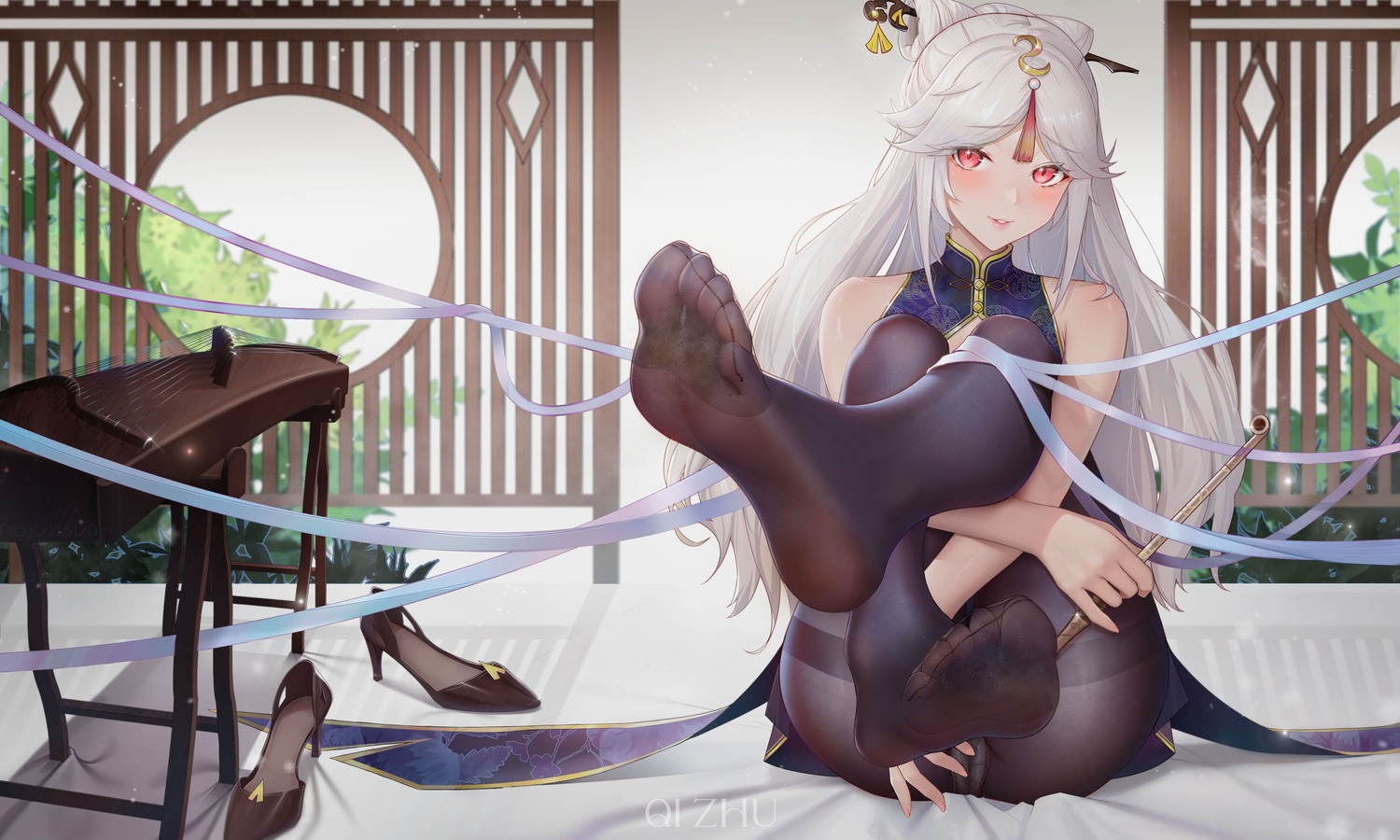 asian_clothes cameltoe feet genshin_impact ningguang official_watermark pantsu pantyhose qizhu skirt_lift