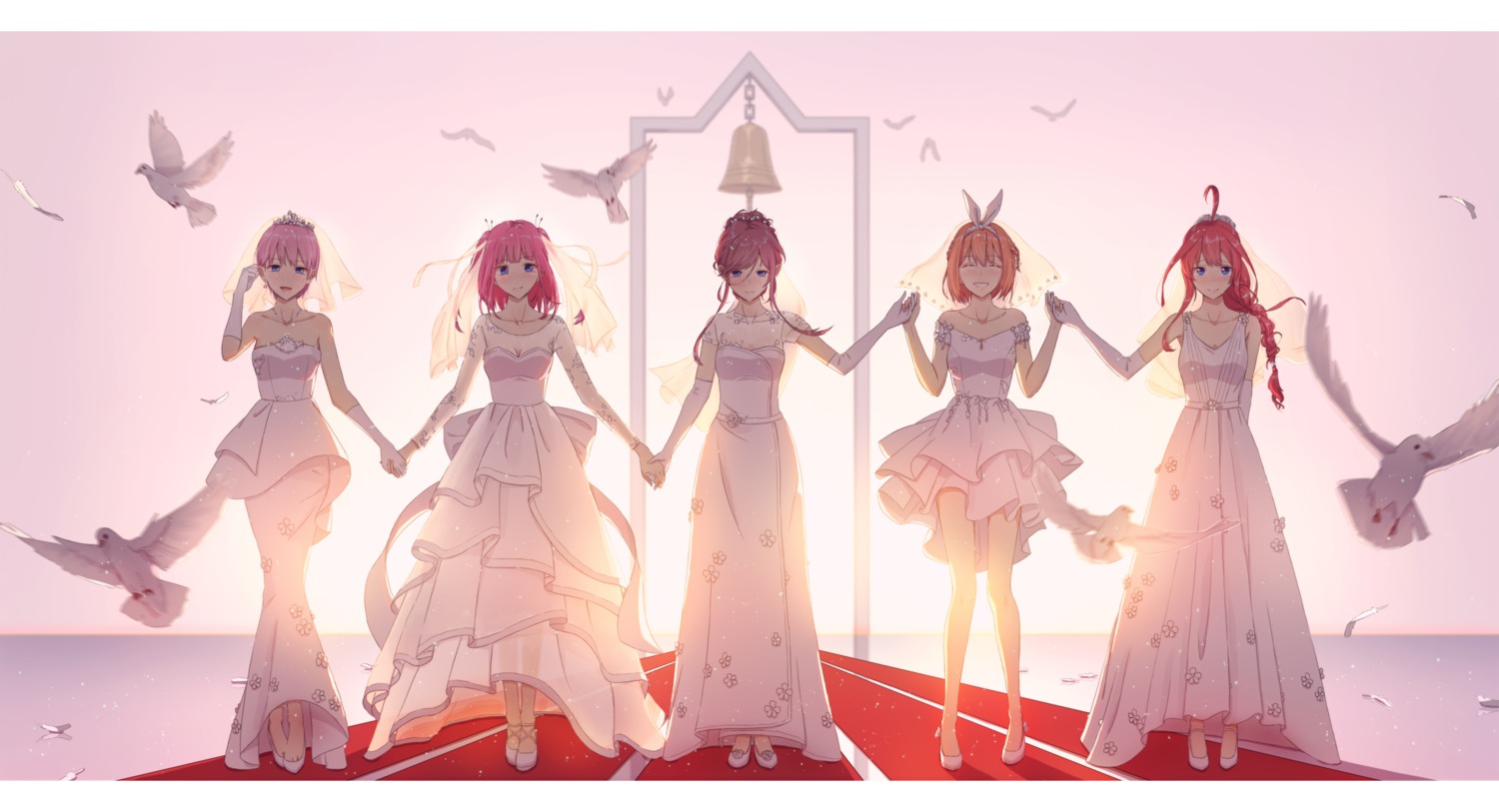 5-toubun_no_hanayome cleavage dress heels nakano_ichika nakano_itsuki nakano_miku nakano_nino nakano_yotsuba see_through vivid507 wedding_dress