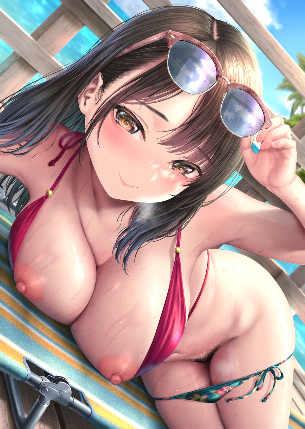 bikini breasts kase_daiki megane nipples panty_pull pubic_hair pussy swimsuits uncensored wet