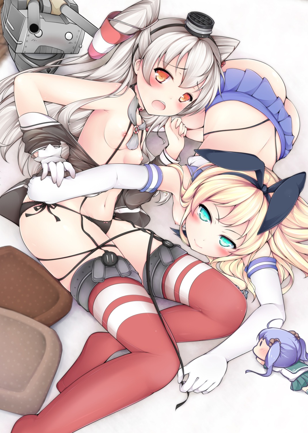 amatsukaze_(kancolle) ass breasts chiyami kantai_collection nipples rensouhou-chan shimakaze_(kancolle) thighhighs thong