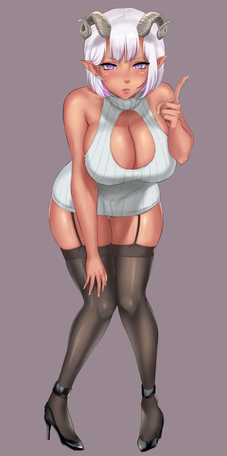 heels horns no_bra pointy_ears quesce3 stockings sweater thighhighs