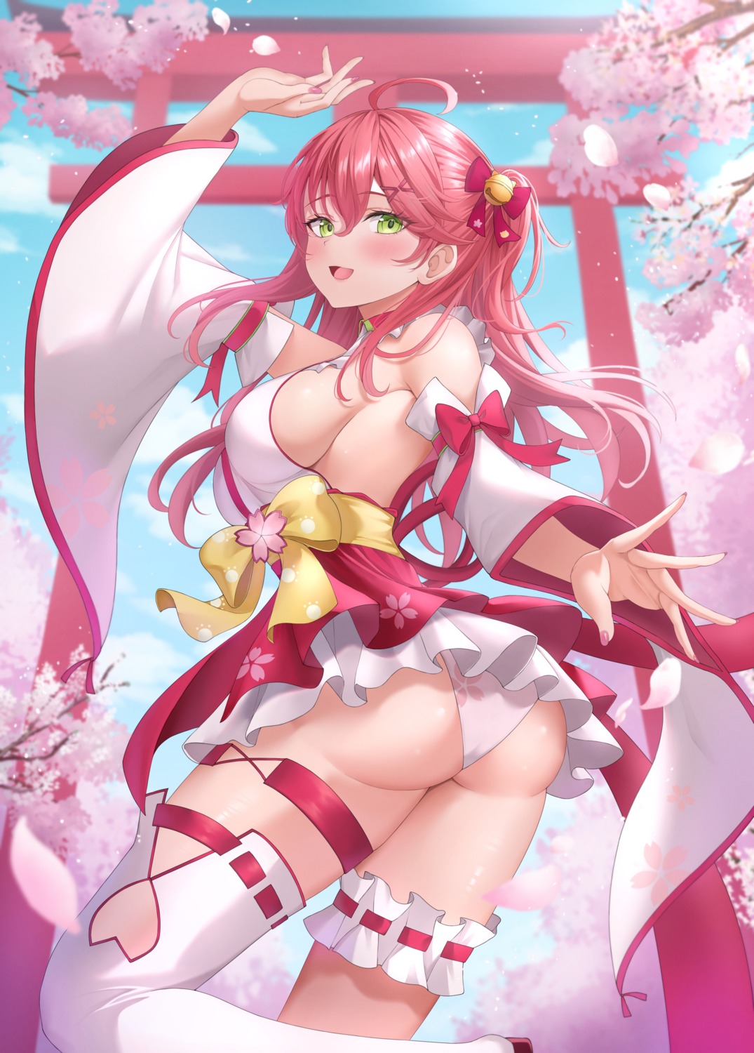 ass garter hololive miko no_bra pantsu sakura_miko shinigami_kiraki skirt_lift thighhighs thong