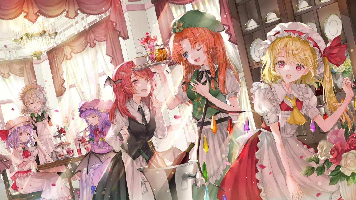 artist_revision flandre_scarlet hong_meiling izayoi_sakuya koakuma maid patchouli_knowledge piyo_(sqn2idm751) remilia_scarlet touhou waitress wings