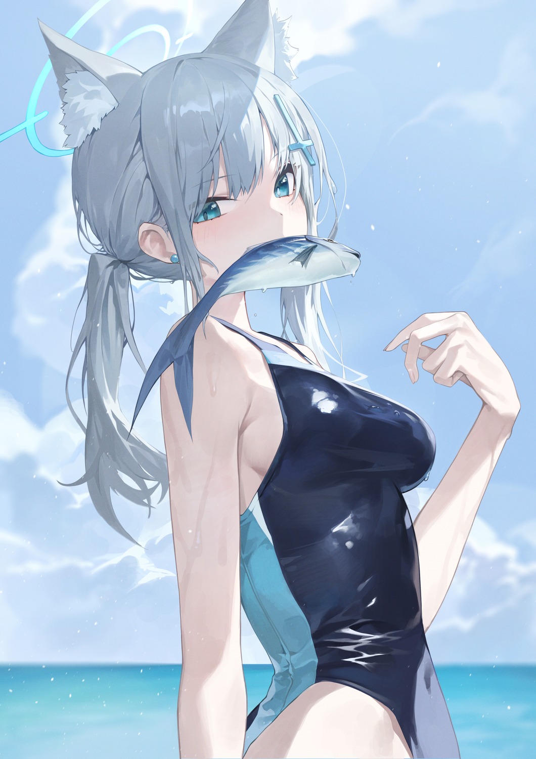 animal_ears blue_archive halo nekomimi sb_lama sunaookami_shiroko swimsuits wet