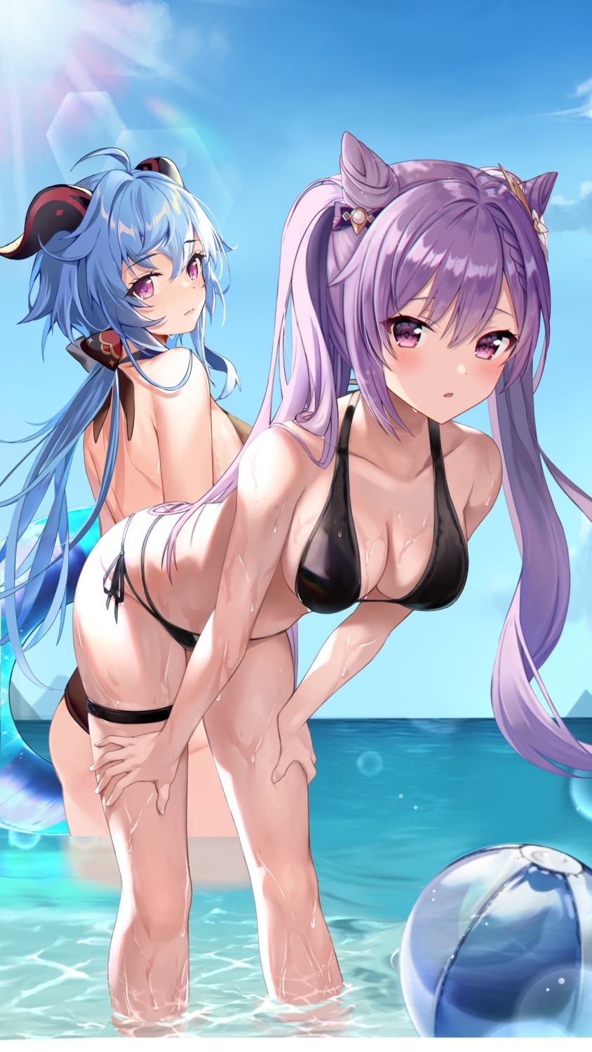 bikini ganyu garter genshin_impact horns keqing niduannowu swimsuits wet