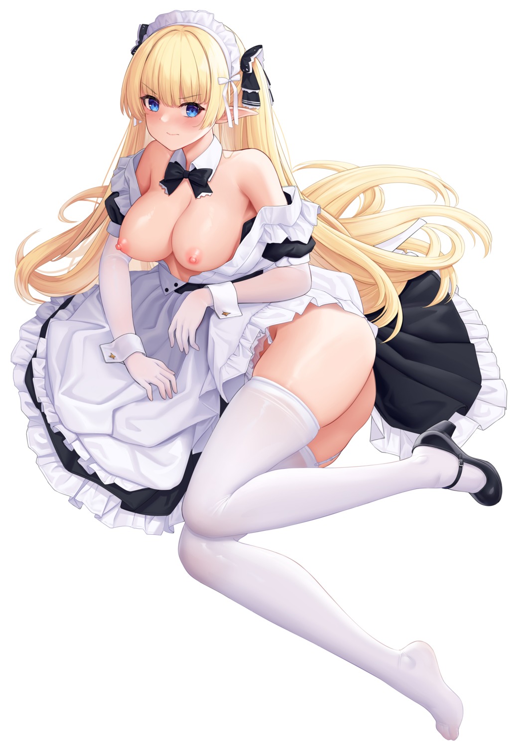 allenes breasts elf heels maid nipples no_bra open_shirt pointy_ears skirt_lift stockings thighhighs