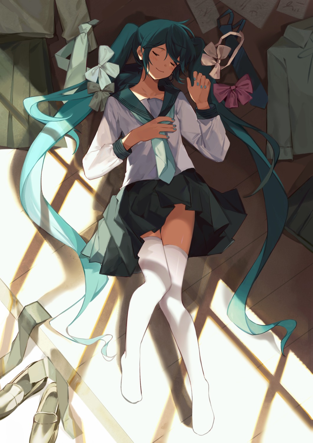 breast_hold hatsune_miku seifuku skirt_lift thighhighs vocaloid yayako_(804907150)