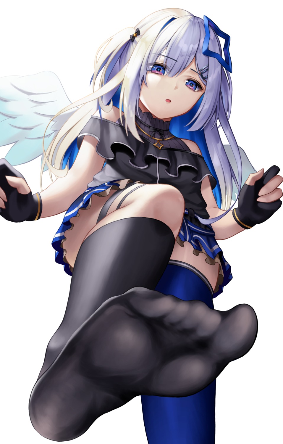 amane_kanata angel feet garter hololive roina_(effj7473) skirt_lift thighhighs wings