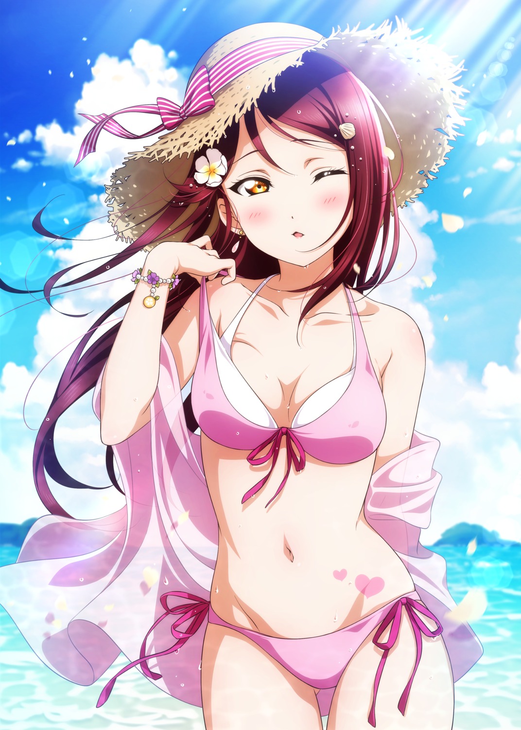 bikini cleavage erect_nipples kougi_hiroshi love_live!_sunshine!! open_shirt sakurauchi_riko see_through swimsuits undressing wet