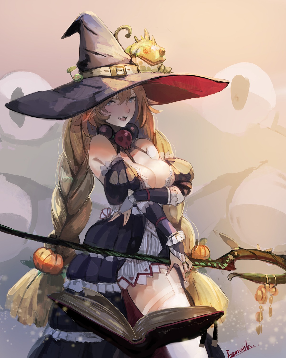 bamuth breast_hold cleavage dress no_bra pointy_ears stockings thighhighs weapon witch