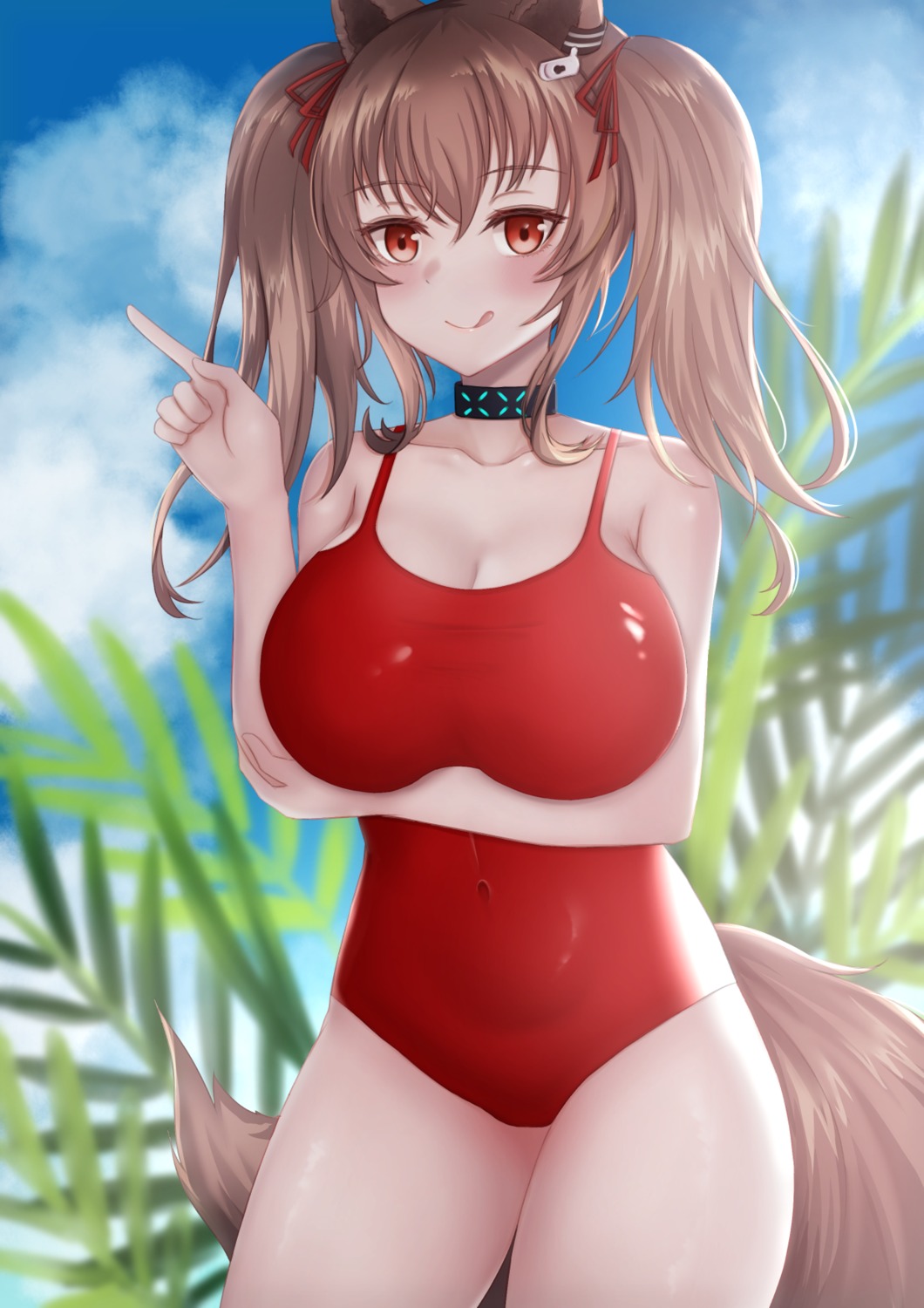angelina_(arknights) animal_ears arknights breast_hold kyomu_(7641) swimsuits tail