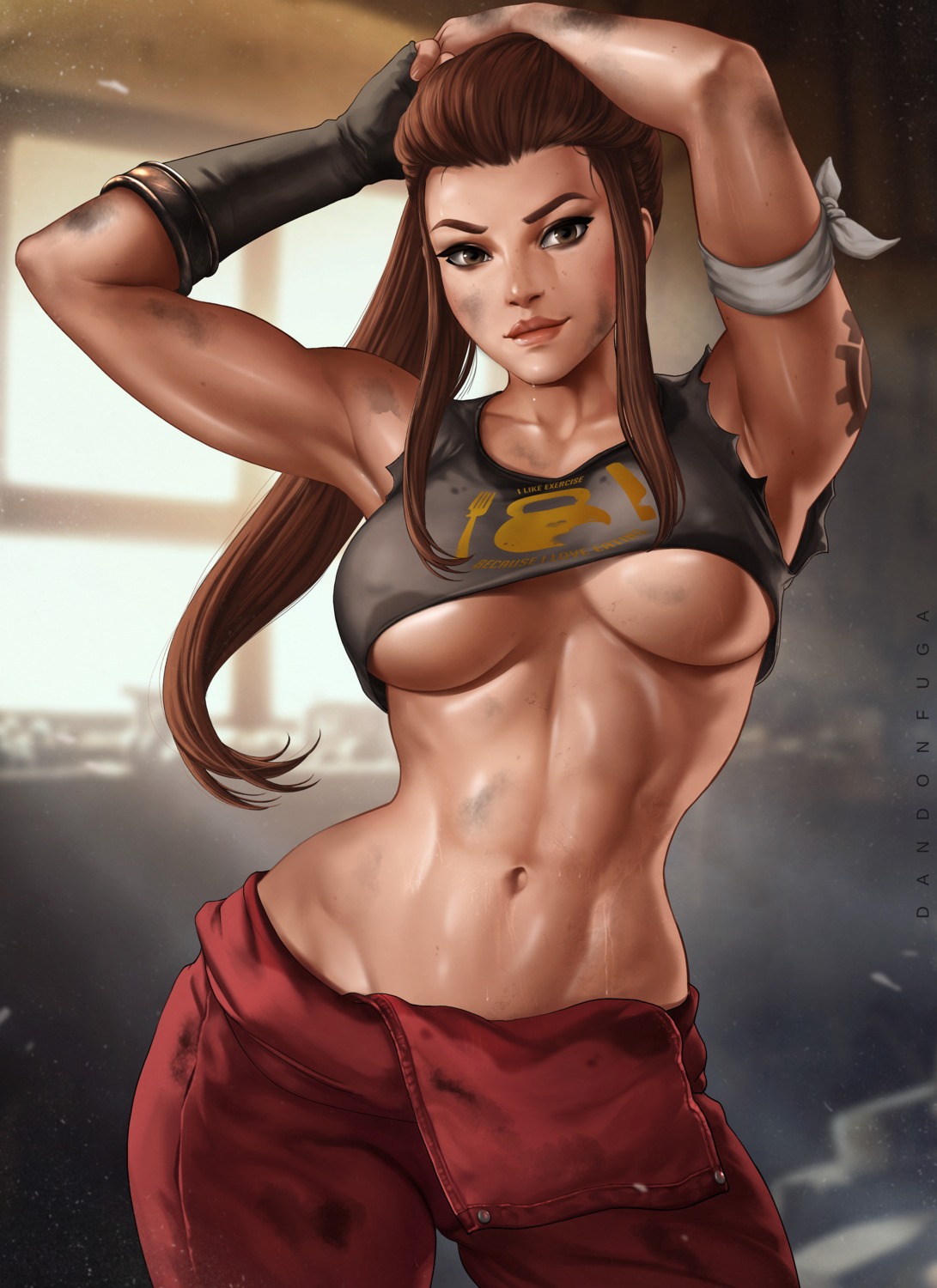 brigitte_(overwatch) dandon_fuga erect_nipples overwatch tattoo torn_clothes underboob