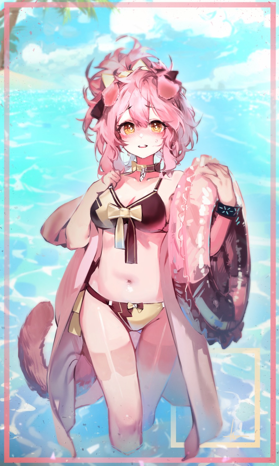 animal_ears arknights bikini goldenglow_(arknights) libiadan open_shirt swimsuits tail wet