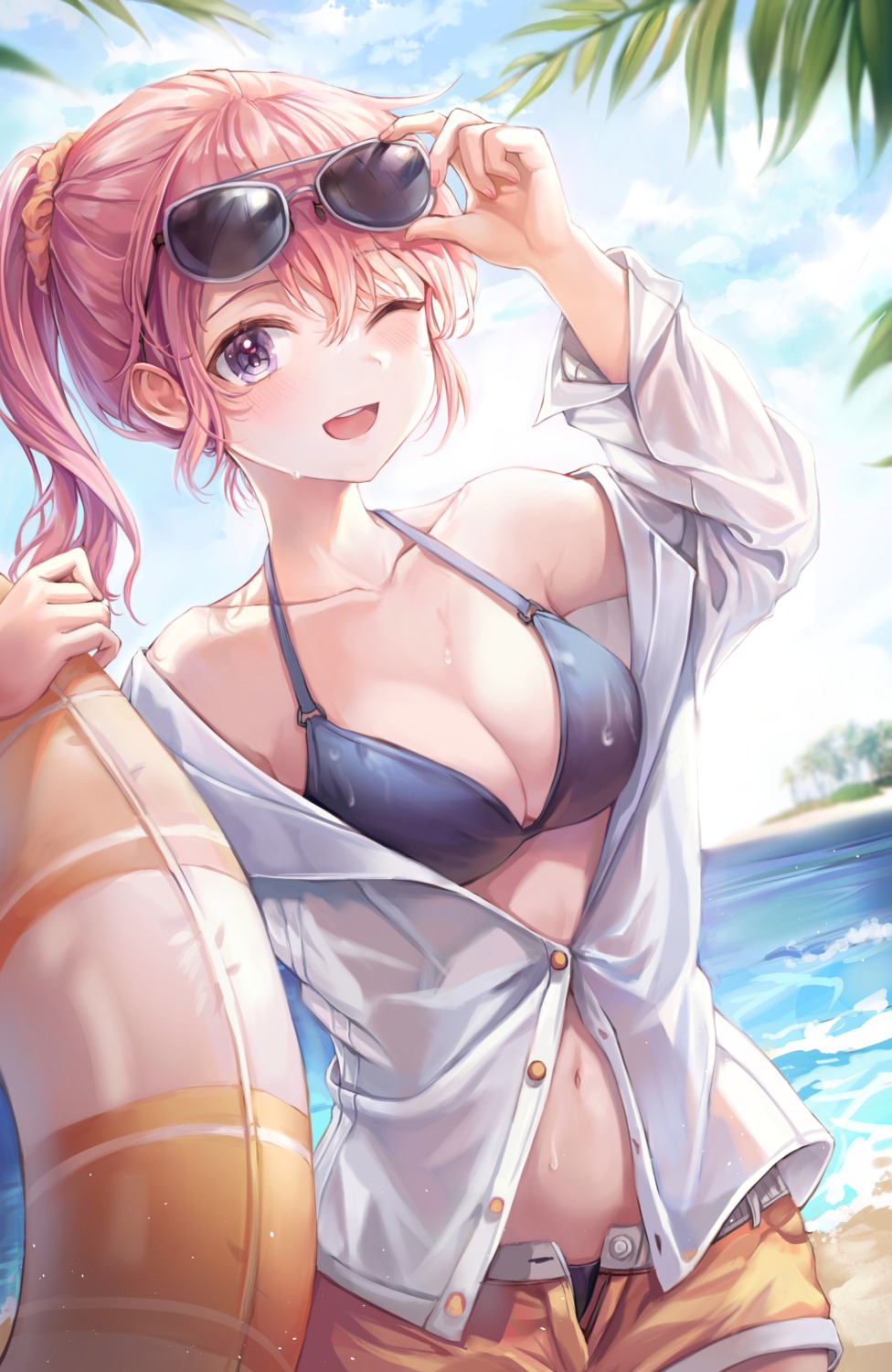 bikini cleavage megane open_shirt see_through starlime swimsuits wet_clothes