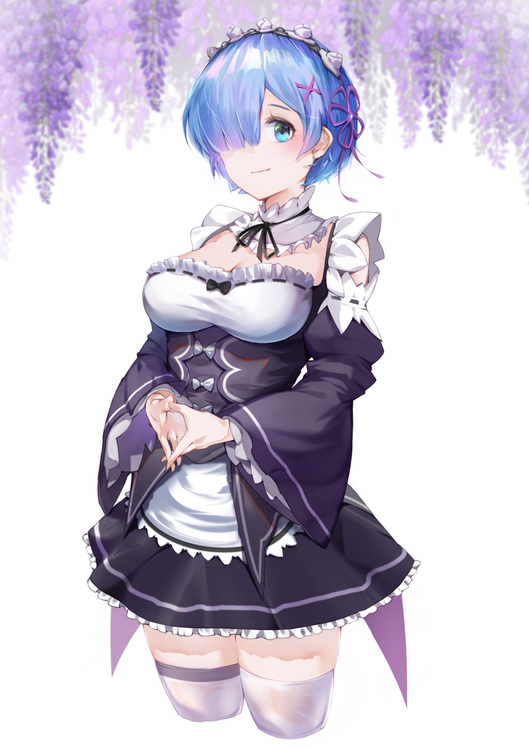 cleavage joehongtee maid re_zero_kara_hajimeru_isekai_seikatsu rem_(re_zero) thighhighs